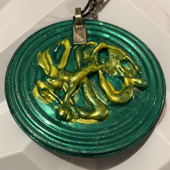 Reversible Artistic Circular Blue and Yellow Handmade Necklace - Picture 10 of 17